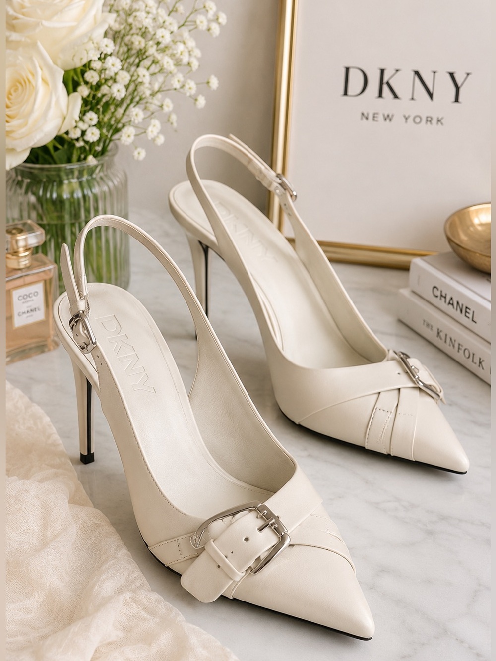 DKNY Ivory Buckle Pointed Toe Slingback Heels Size 7.5